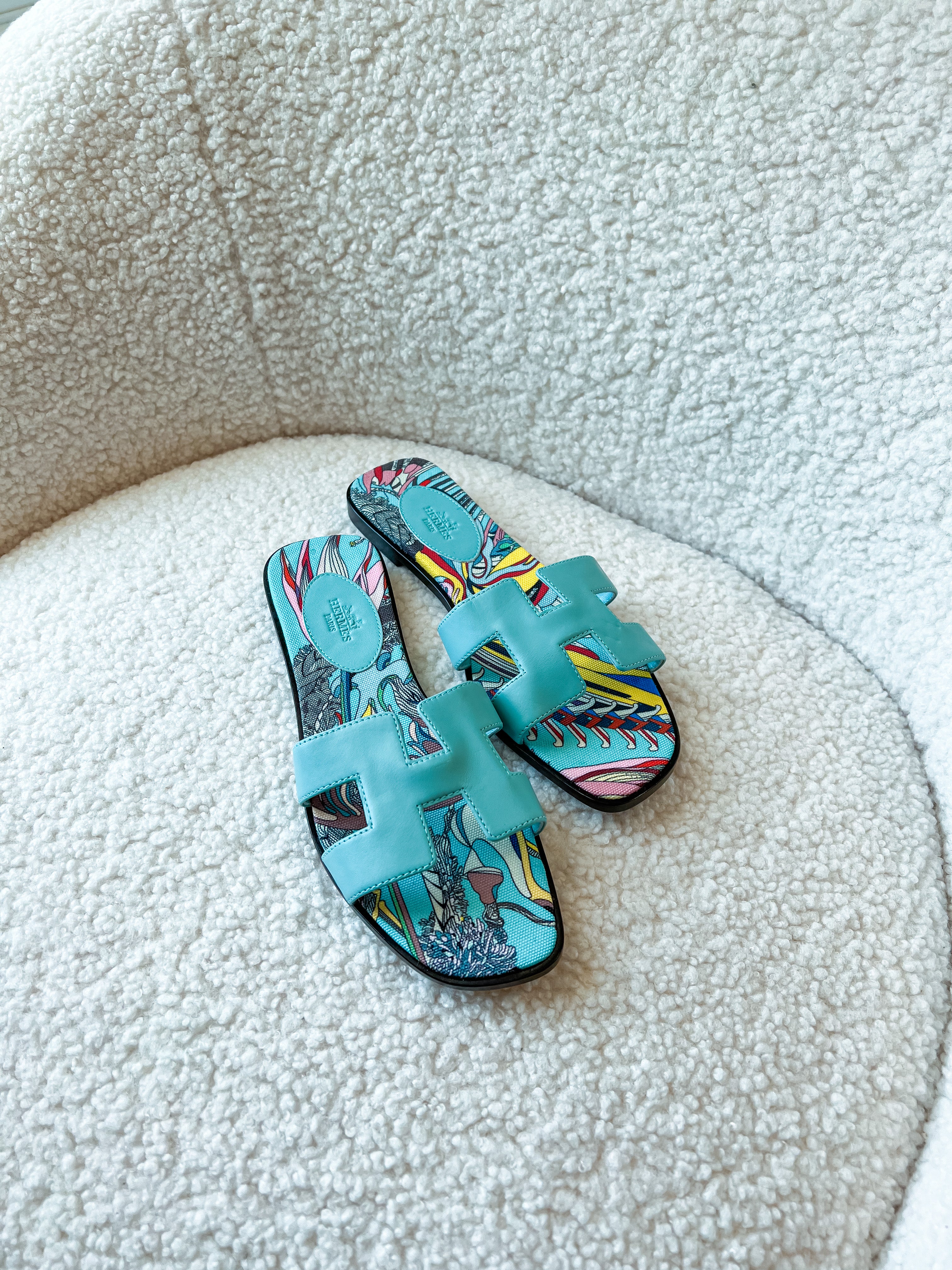 TOP HERMES Oran Sandals Silk Printing Lining - Turquoise