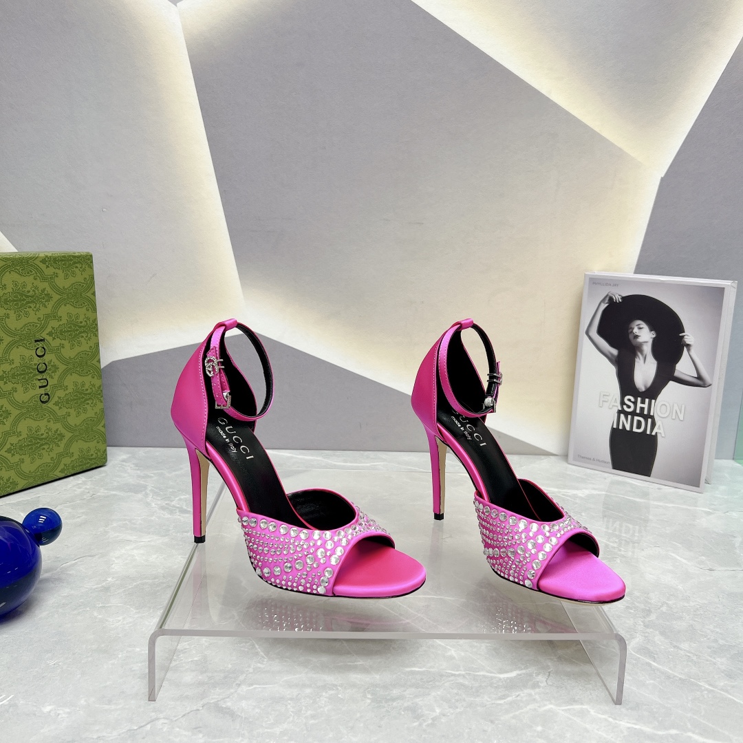 TOP GUCCI Round -Headed Silk Hot Drill High -Heeled Sandals - 6 Colors