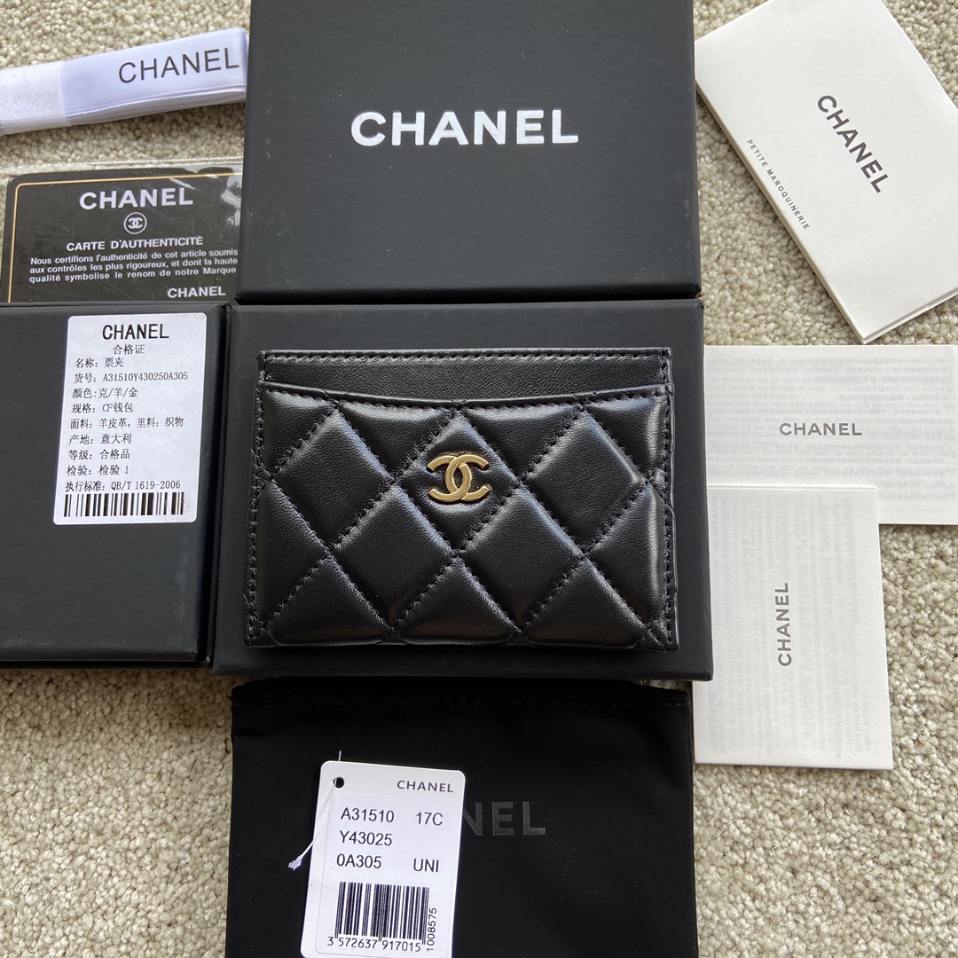 TOP CHANEL Cardholder Lambskin 11x7.5cm - Black & GHW/SHW