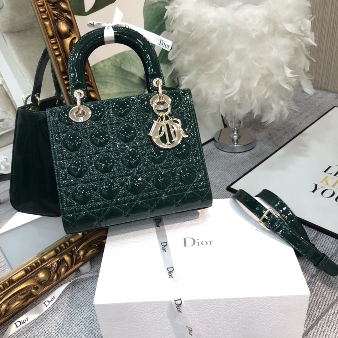 TOP Christian Dior 5-Grid Patent Leather Calf Leather Handbag 24*20*11cm - Blackish Green