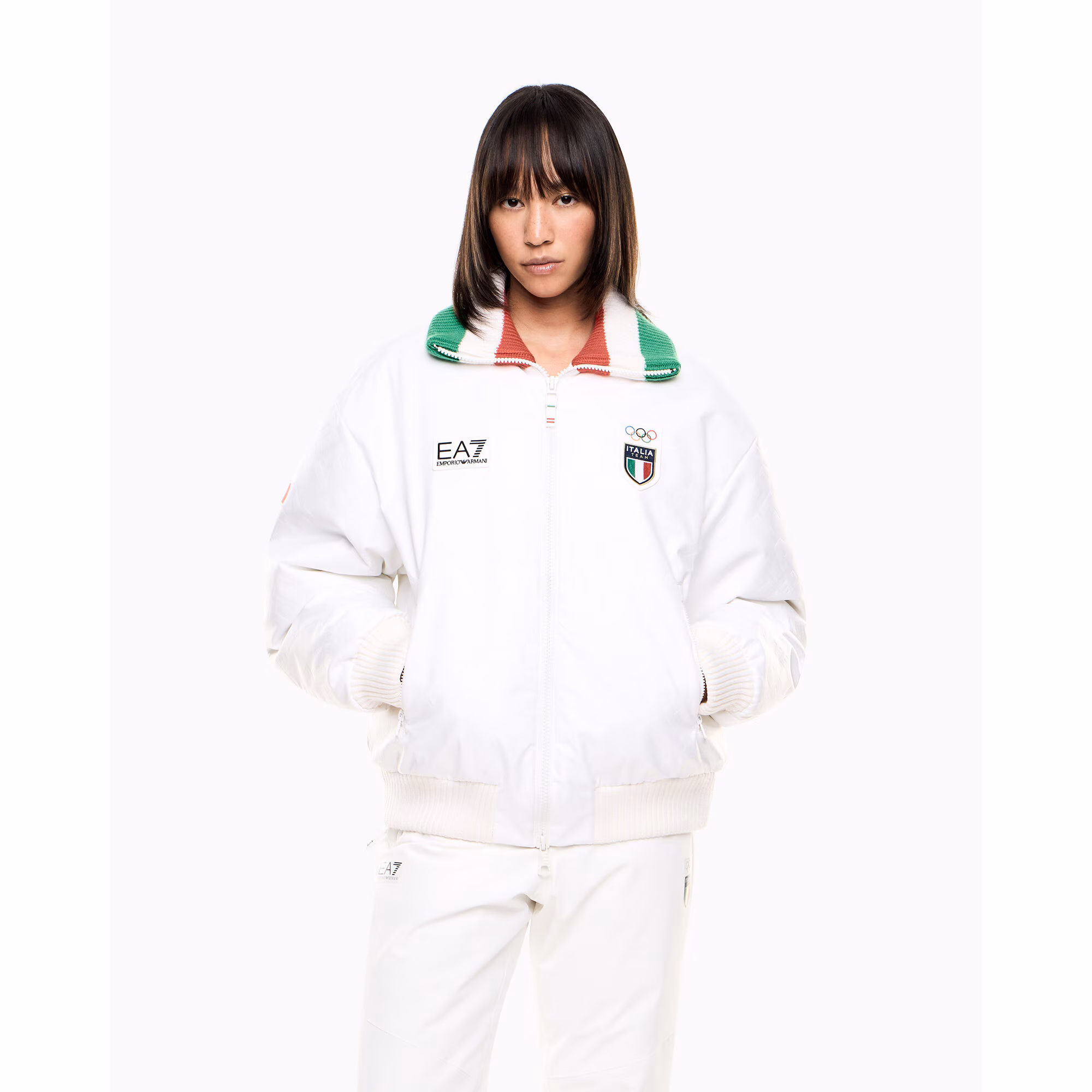 Team Italy EA7 Emporio Armani Podium Bomber Jacket - White - Womens