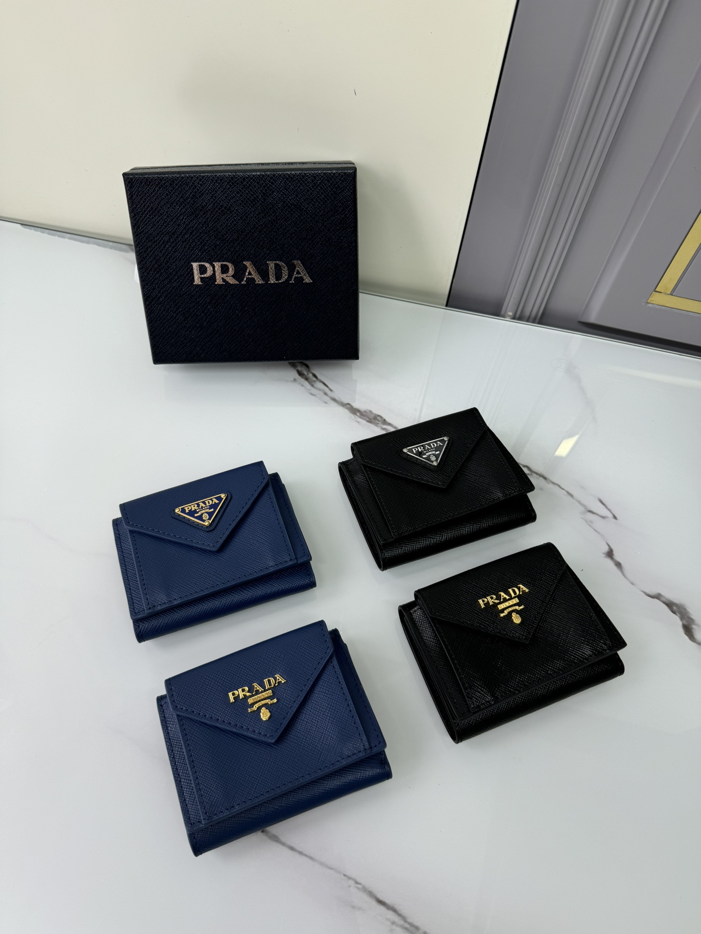 TOP PRADA Women Saffiano Plain Leather Folding Wallet 10×7.5 cm -4 Colors