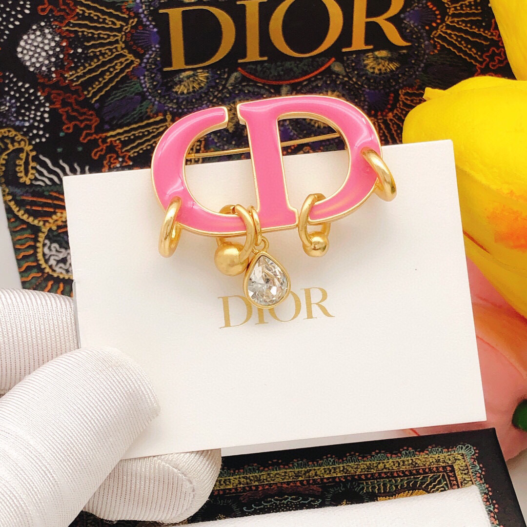 TOP Christian Dior CD Logo Diamond Brooch - Pink & Gold
