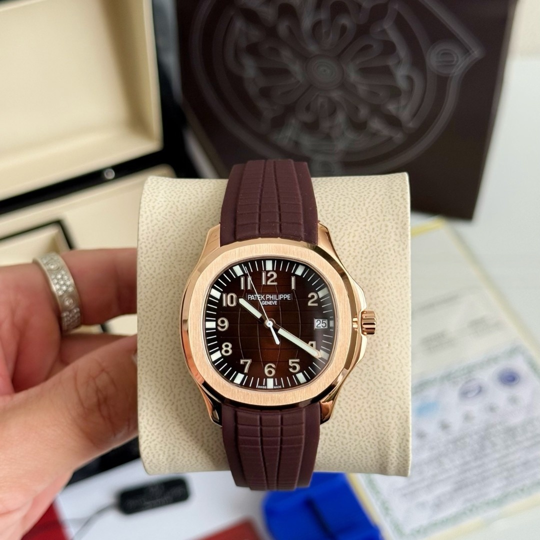 Patek Philippe Aquanaut Men Watch, Rose Gold Case Brown Dial Rubber Strap Automatic Wrist Watch With Full Box Set