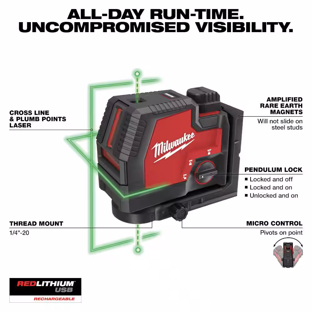 Green 100 ft. Cross Line and Plumb Points Rechargeable Laser Level with REDLITHIUM Lithium-Ion USB Battery and Charger