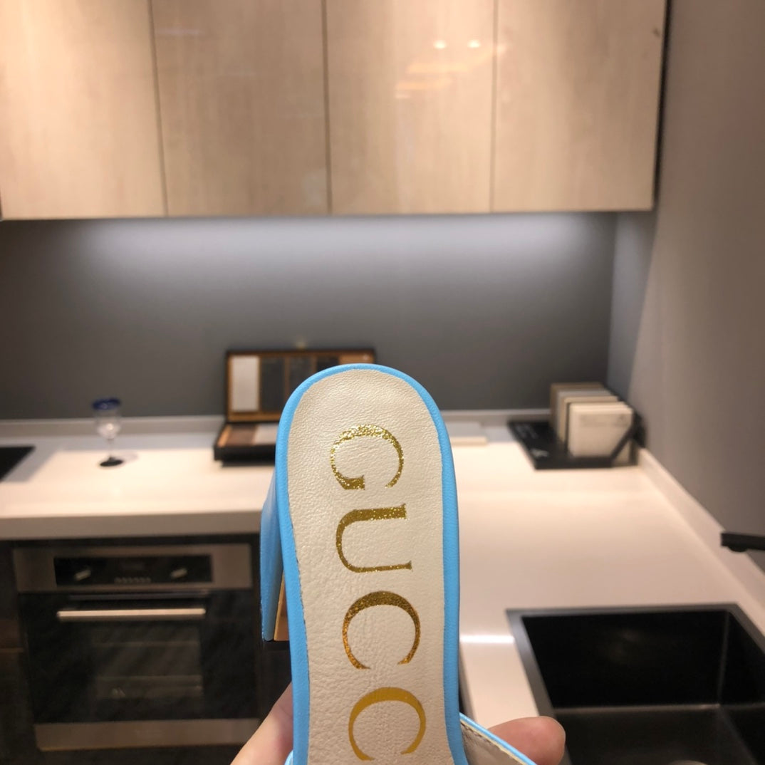 TOP GUCCI G*G Horsebit Slide Sandal Block Heels - Blue