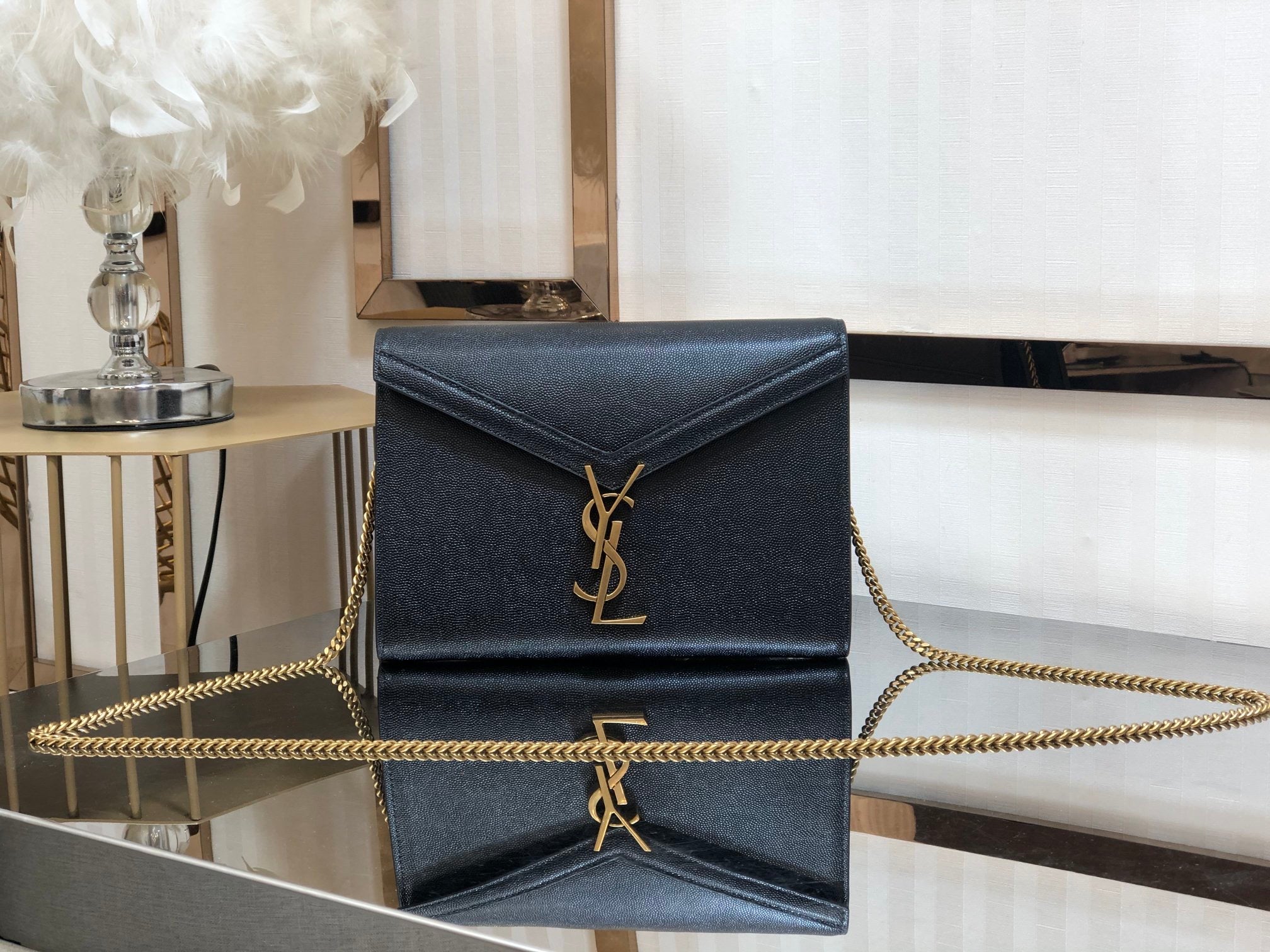 TOP Yves Saint Laurent YSL Cassandra Chain Wallet Grain Leather - Black