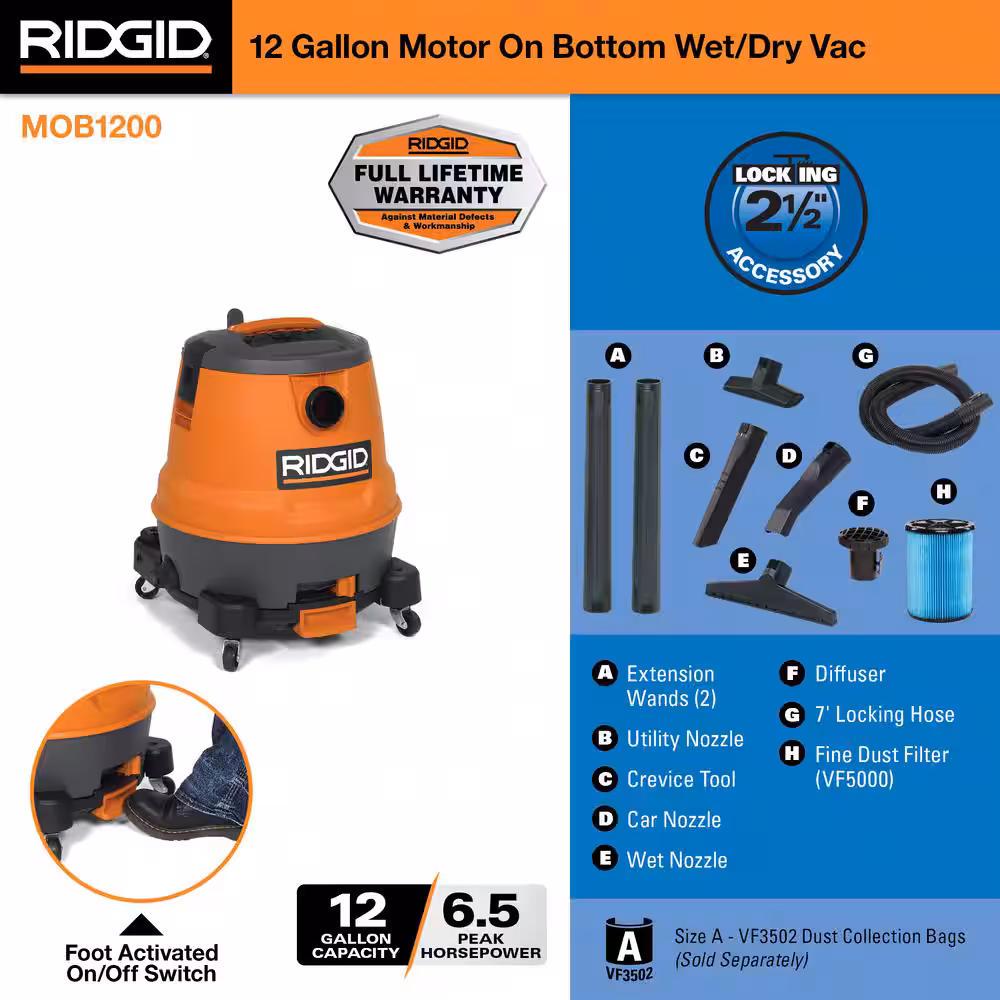 12 Gallon 6.5 Peak HP Motor-On-Bottom Shop Vac Wet Dry Vacuum with Fine Dust Filter, Hose and Accessory Attachments