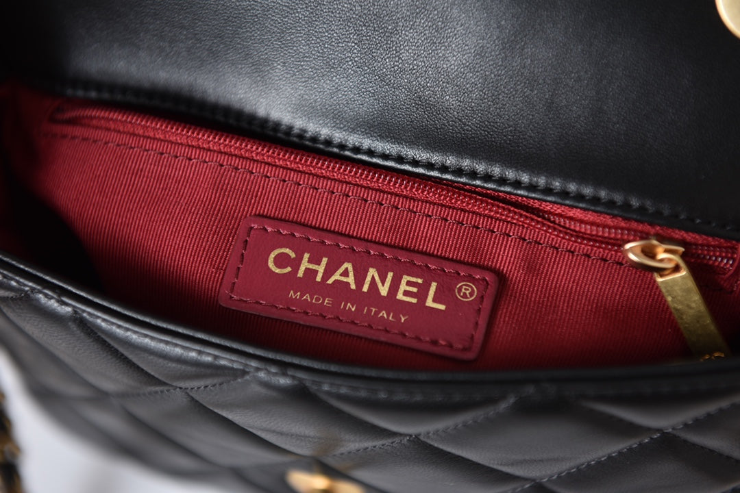 TOP CHANEL Flap Bag Side Logo w Chain Mini  - Black