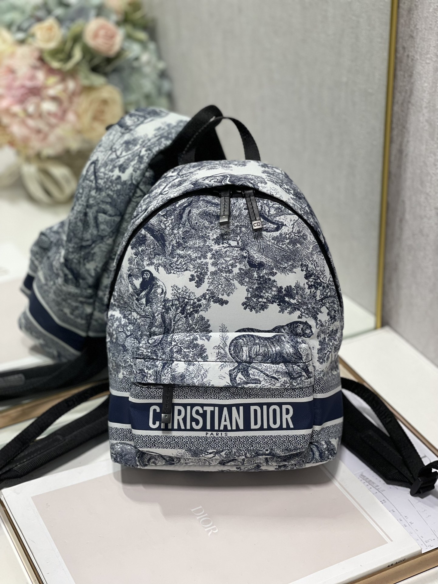 TOP Christian Dior Nylon Technical Fabric Toile De Jouy Small Diortravel Backpack 20×12×28cm-Blue