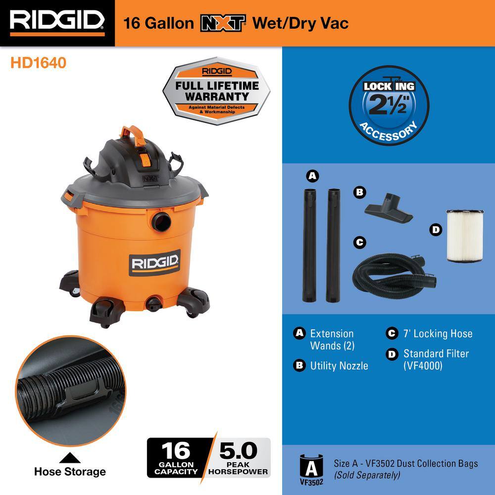 16 Gallon 5.0 Peak HP NXT Shop Vac Wet Dry Vacuum with General Debris Filter, Locking Hose and Accessory Attachments