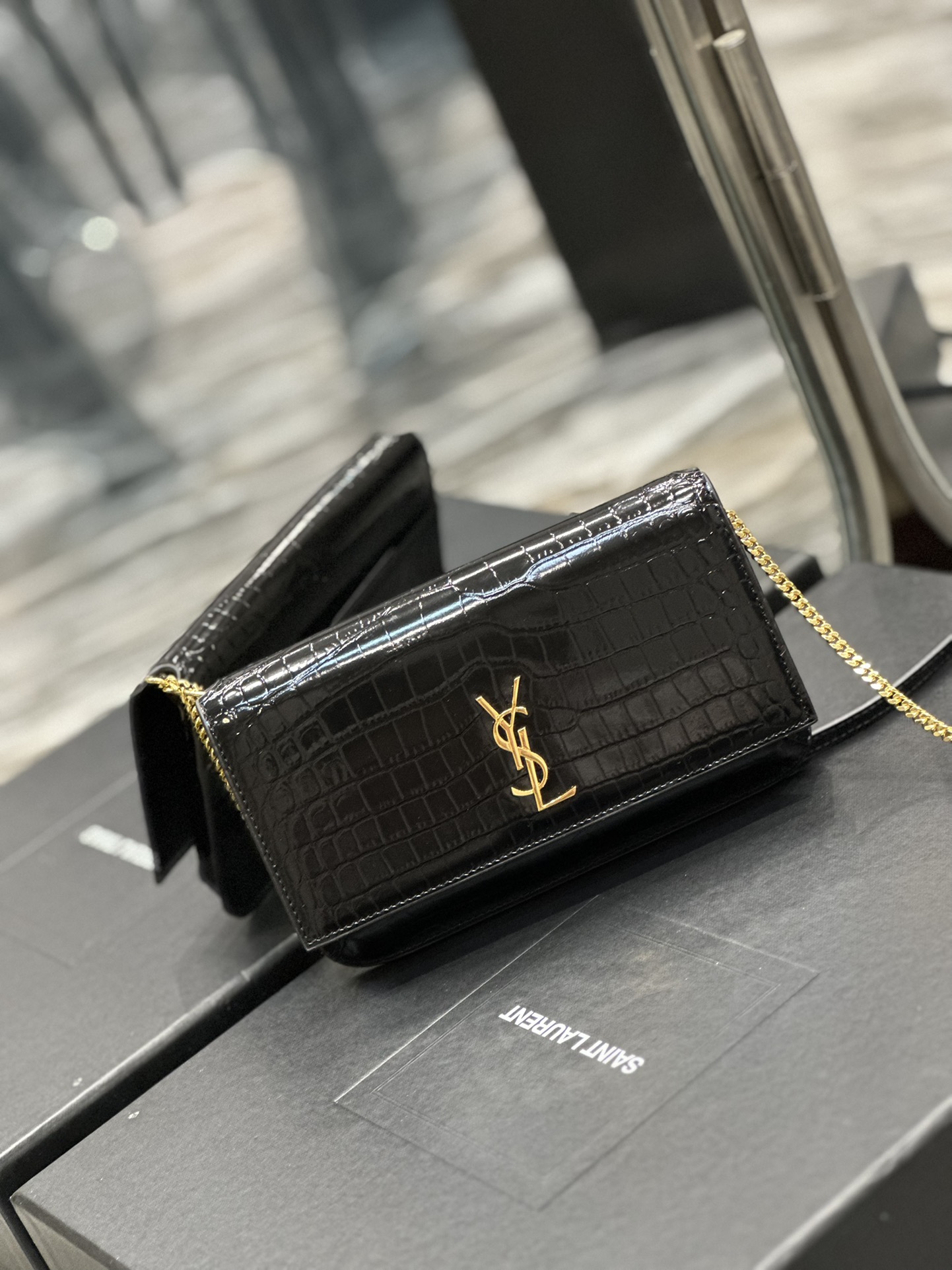 TOP Yves Saint Laurent YSL Monogram Phone Holder MINI Bag - Black & GHW - Crocodile Pattern