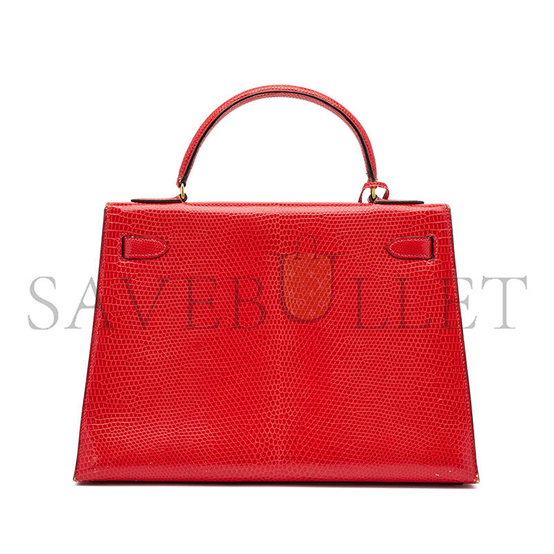 HERMÈS FLAG RED LIZARD KELLY 28 GOLD HARDWARE (28*22*10cm)