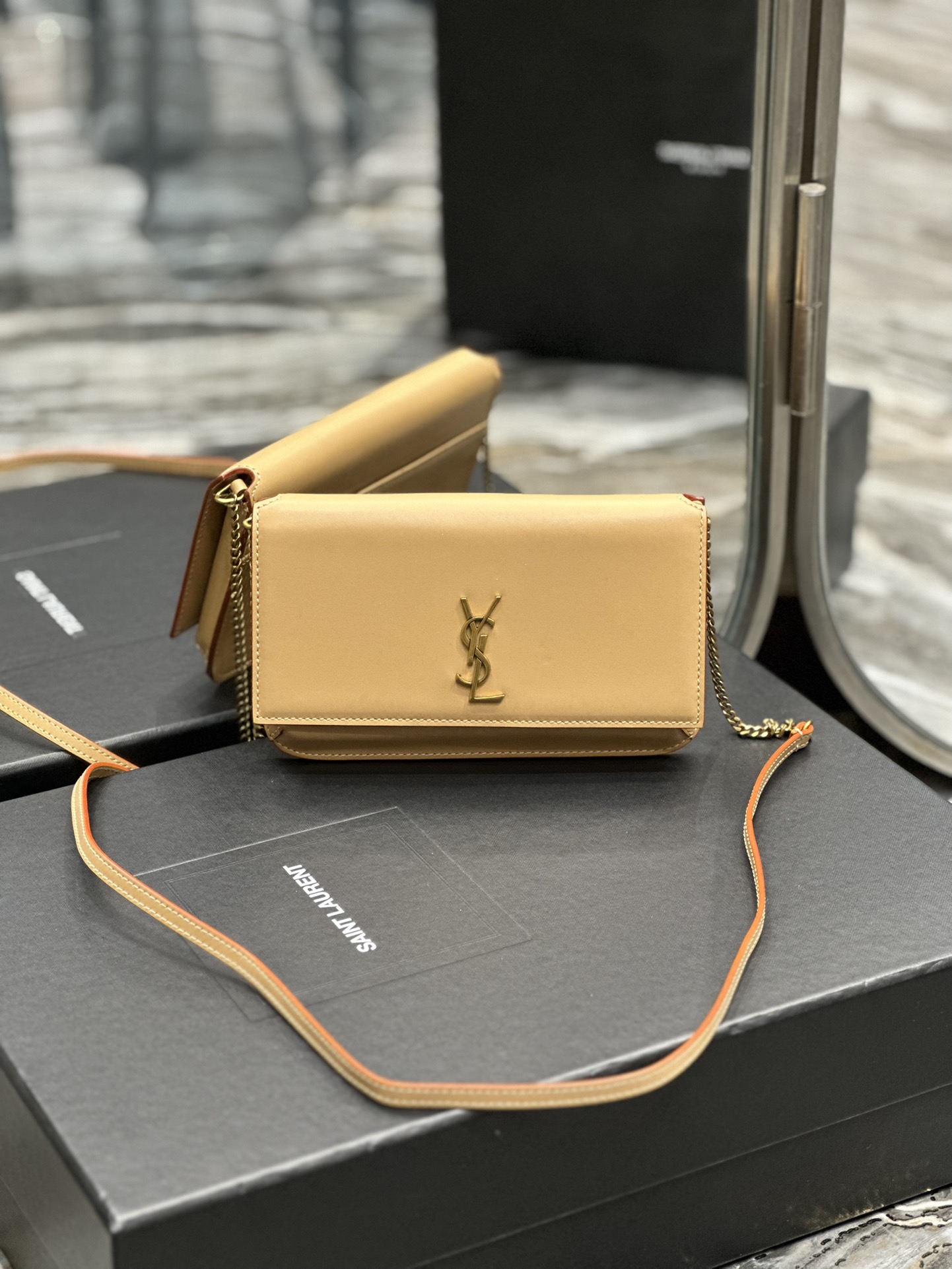 TOP Yves Saint Laurent YSL Monogram Phone Holder MINI Bag - Apricot & GHW - Plain Weave