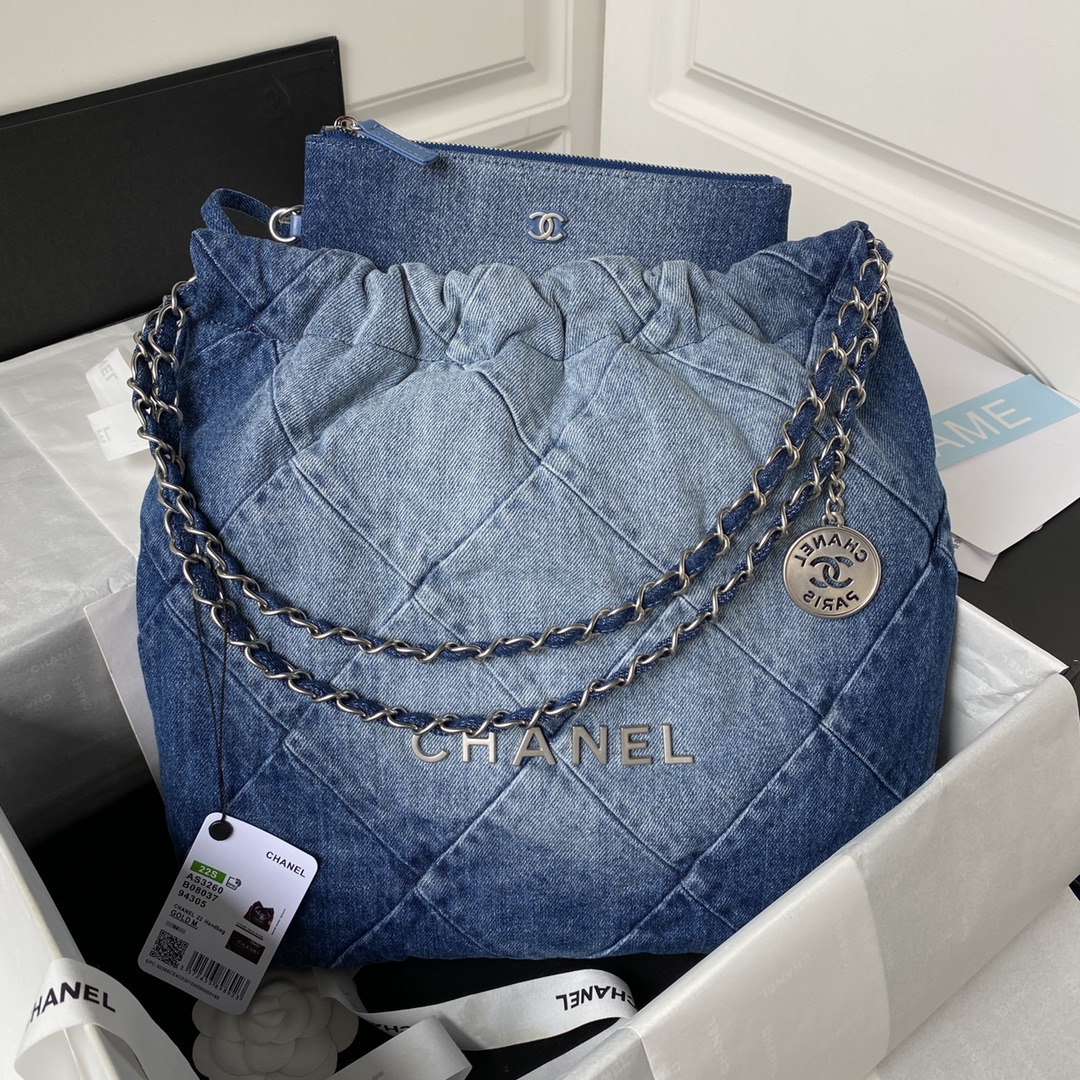 TOP CHANEL Gabrielle Travel Metal/Denim Interwoven Chain 35x37x7cm/39x42x8cm - Navy