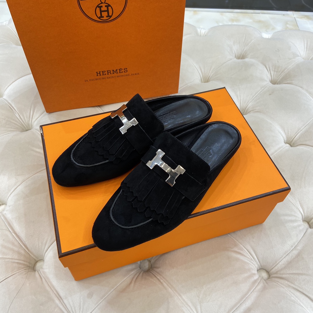 TOP HERMES Rivoli Mules - Black & SHW/GHW