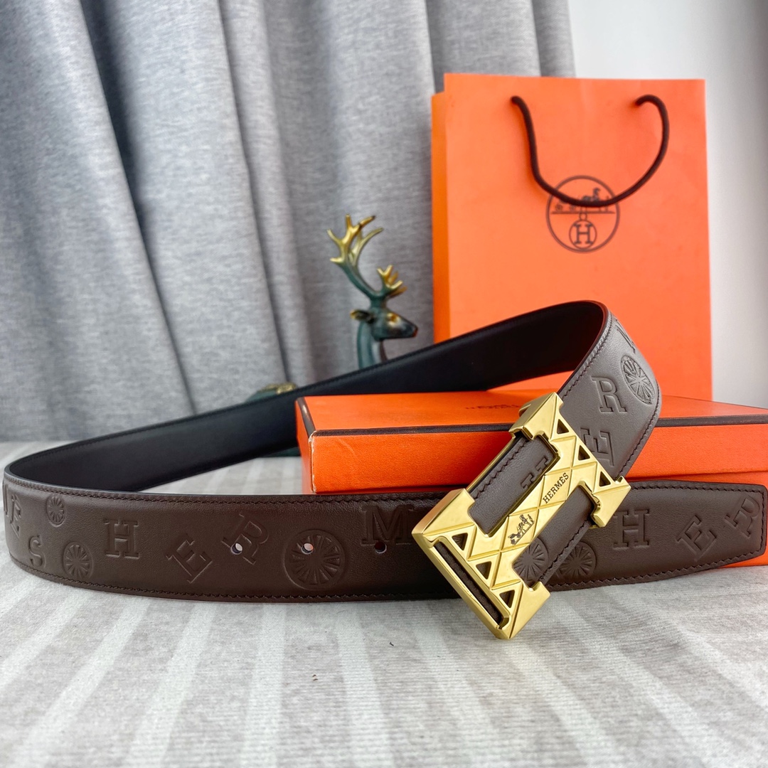 HERMES Men's Geometric H Buckle Embossed Letter Leather Belt, Luxury Business Casual Waist Belt