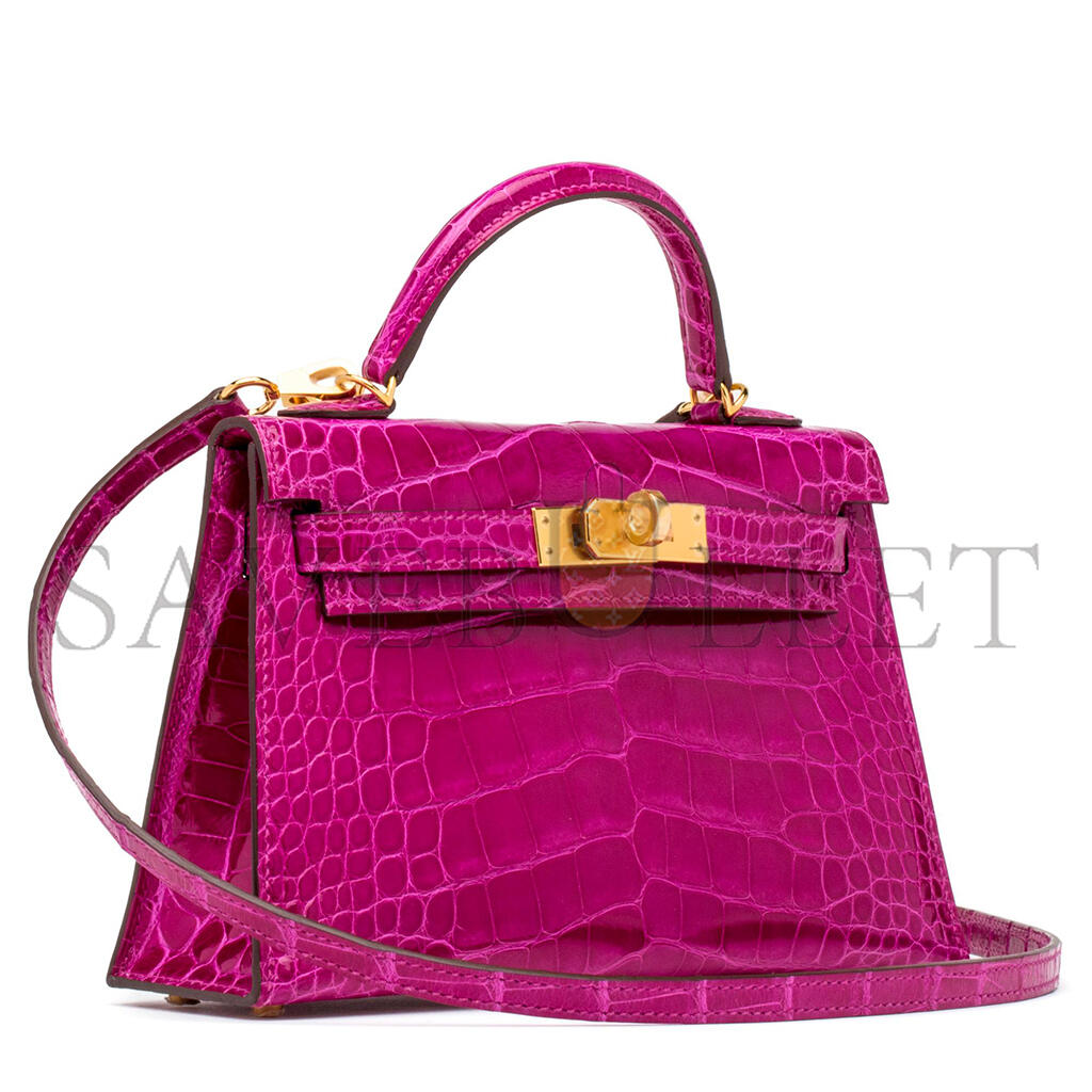 HERMES\HERMÈS MINI KELLY II GLOSSY ALLIGATOR ROSE (19*12*5.5cm)
