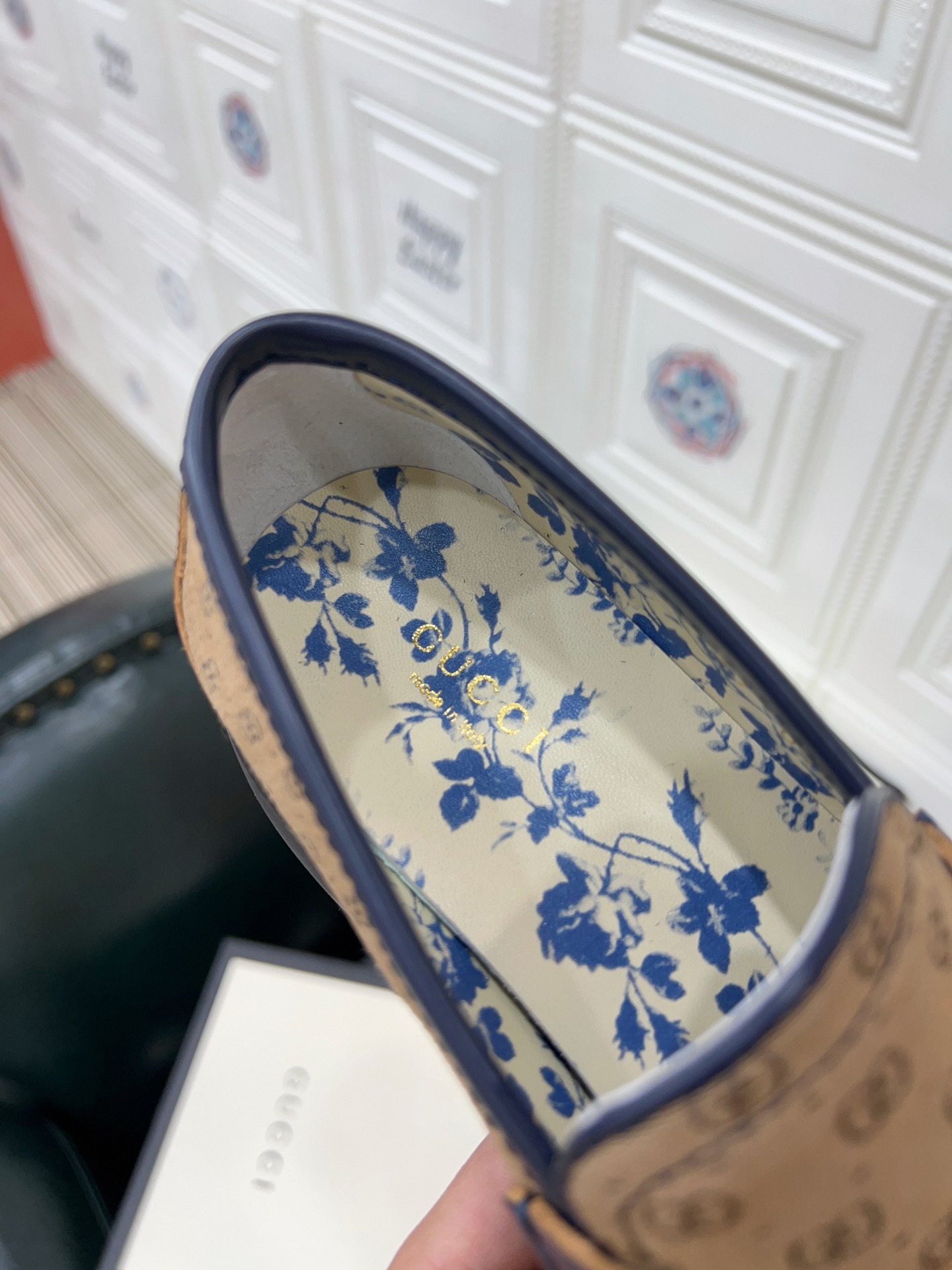 Gucci Horsebit Chunky Lug‑Sole Loafers, GG Canvas With Navy Leather Trim, Heel Golden Bee Embroidery Shoes