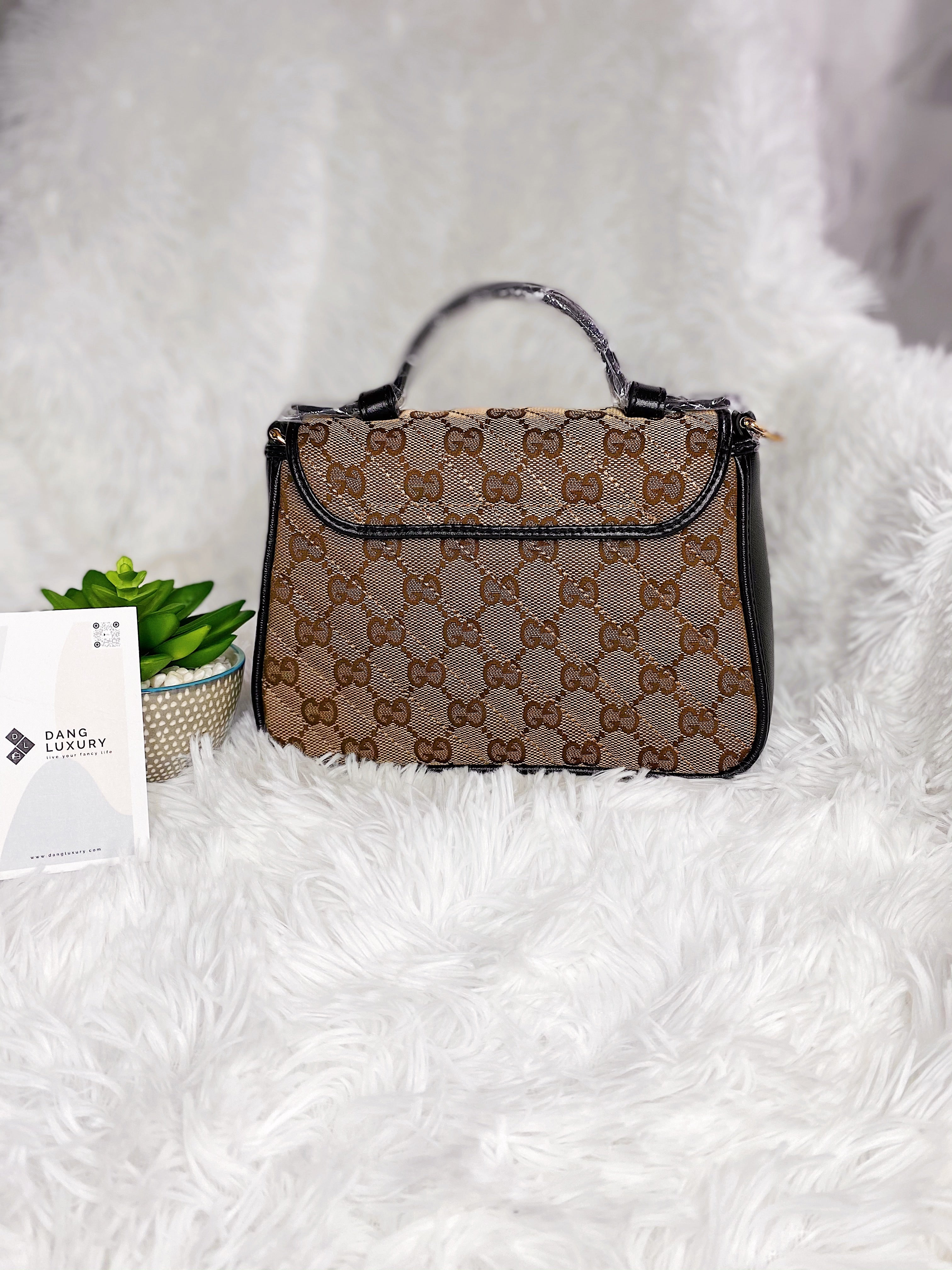 TOP GUCCI GG Marmont Bag Top Handle Mini 27*13.5*10 - Beige x Ebony Canvas