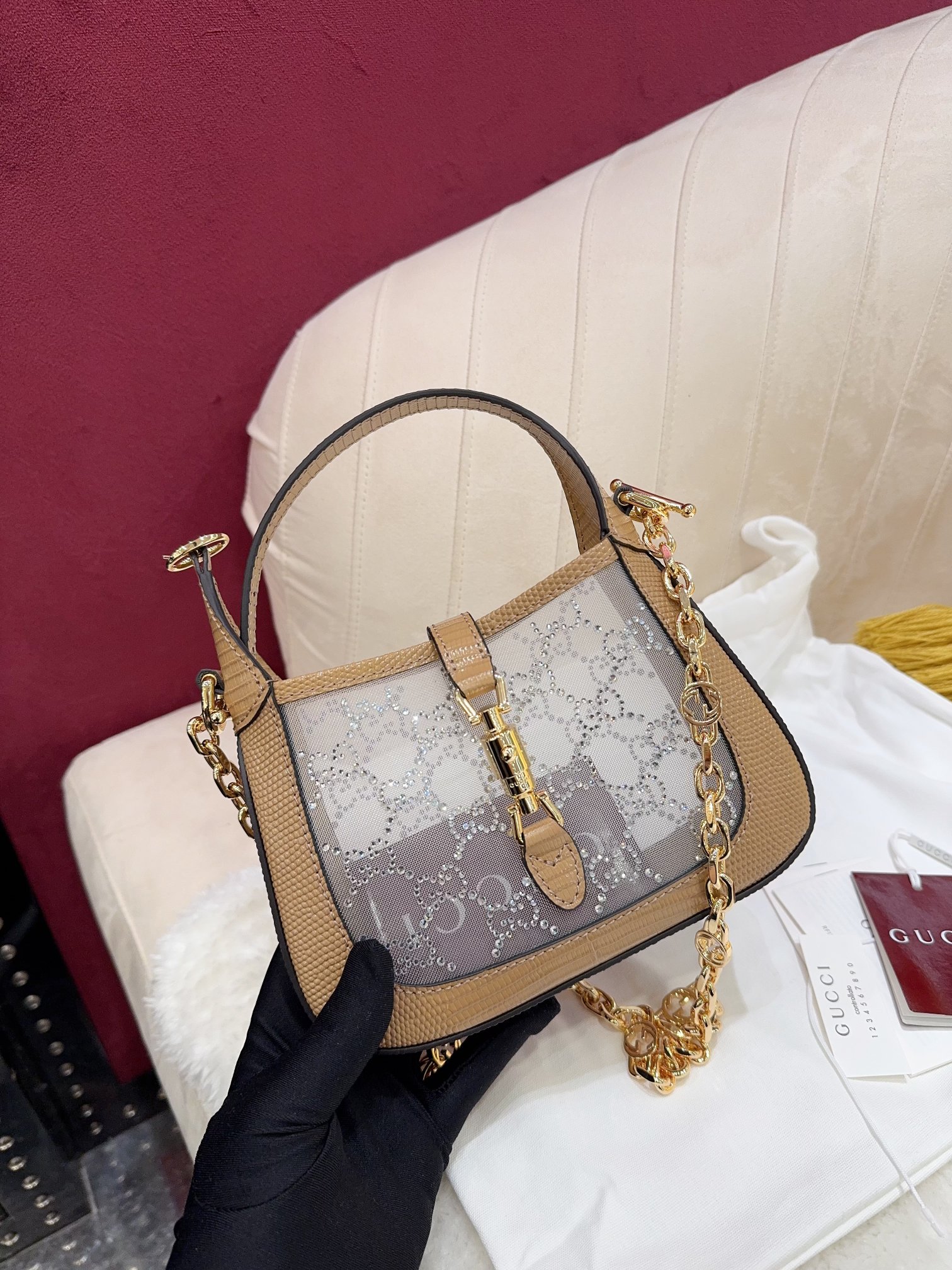 TOP GUCCI Jackie 1961 Tote Bag Diamond with Lizard Skin Mini 19x13x3cm - Brown