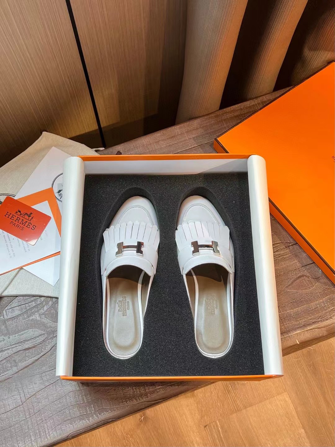TOP HERMES Nappa Leather Mules - White