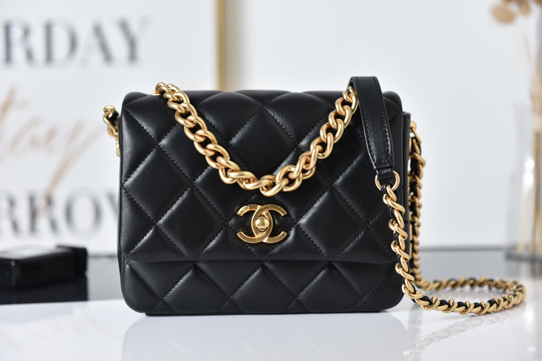 TOP CHANEL Flap Bag Side Logo w Chain Mini  - Black