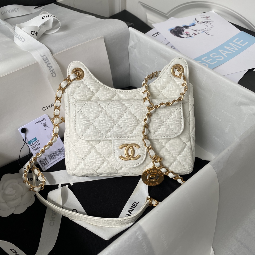 TOP CHANEL Hobo Bag 17×19×6cm/21.5×22.5×7cm - GHW - White