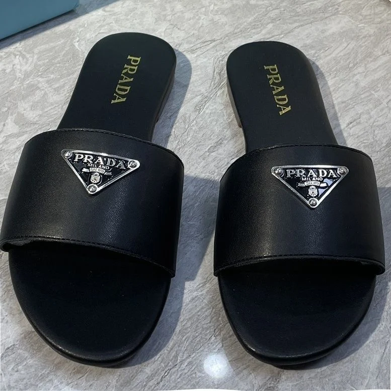 AAASandals Women Metal Triangle Badge Slide Sandals Solid Faux Leather Open Toe Flat Slip On Slippers Summer Casual Daily Walking Slides
