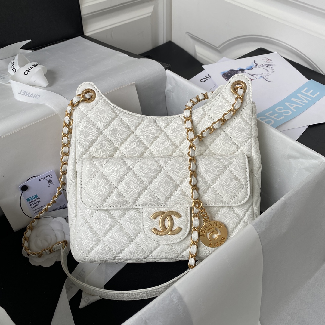 TOP CHANEL Hobo Bag 17×19×6cm/21.5×22.5×7cm - GHW - White