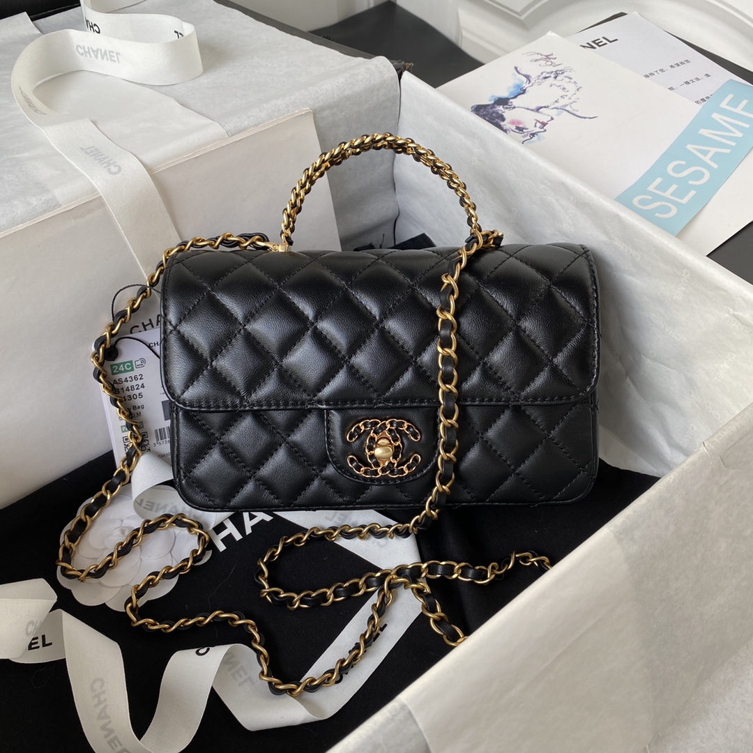 TOP CHANEL Black Diamond Handle Lambskin Bag 21CM - Black & GHW