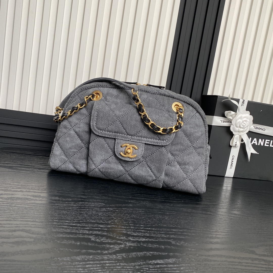 TOP CHANEL Denim Bowling Bag with Pocket 21.5×33×14.5cm/28×44×15.5cm - Gray