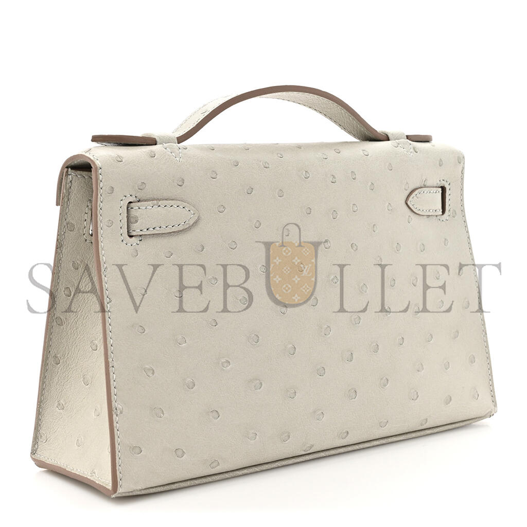 HERMÈS OSTRICH KELLY POCHETTE CLUTCH GRIS PERLE (22*14*7cm)
