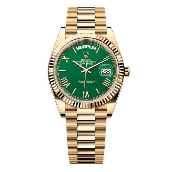 AAAWatch Rolex Oyster Perpetual Day‑Date Men’s Automatic Watch, Green Dial, Fluted Bezel, Full Yellow Gold President Bracelet Luxury Wristwatch