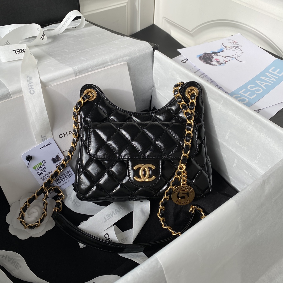 TOP CHANEL Wax Skin Hobo Bag 17×19×6cm/21.5×22.5×7cm - GHW - Black