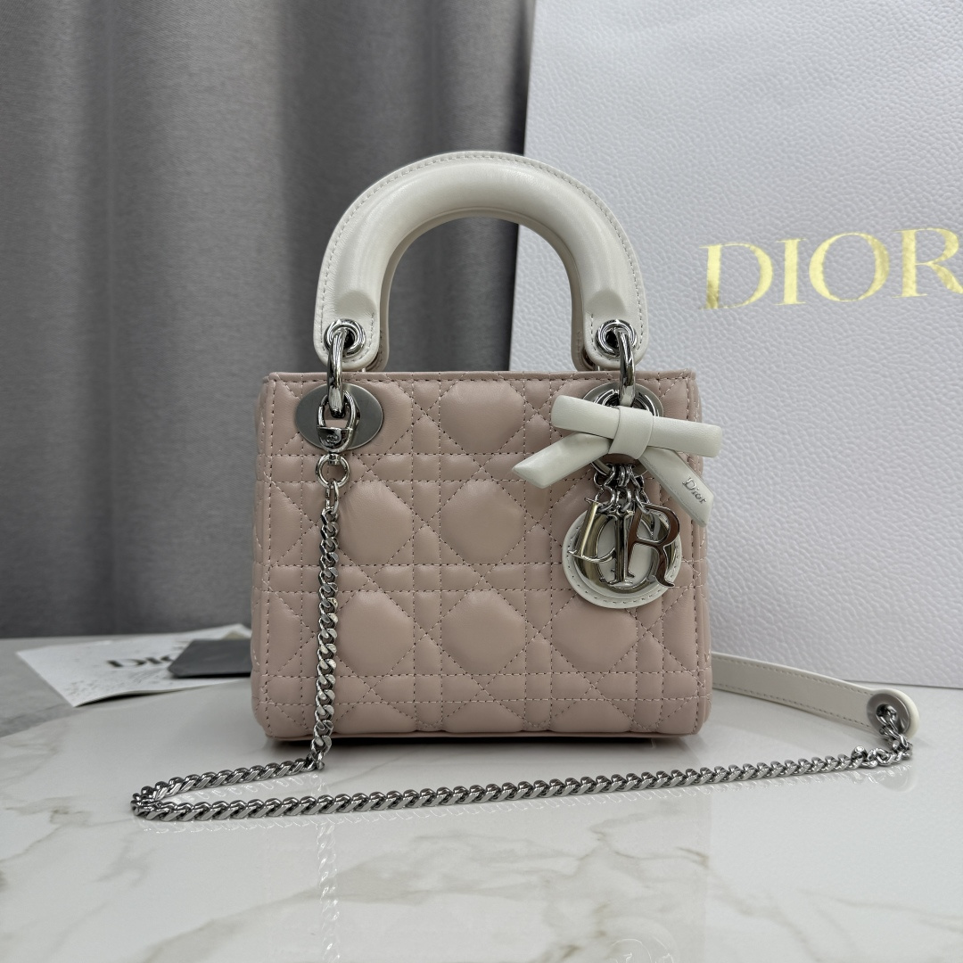 TOP Christian Dior Lady Dior Bag with Bow 17x15x7/20x17x8cm - Pink and White