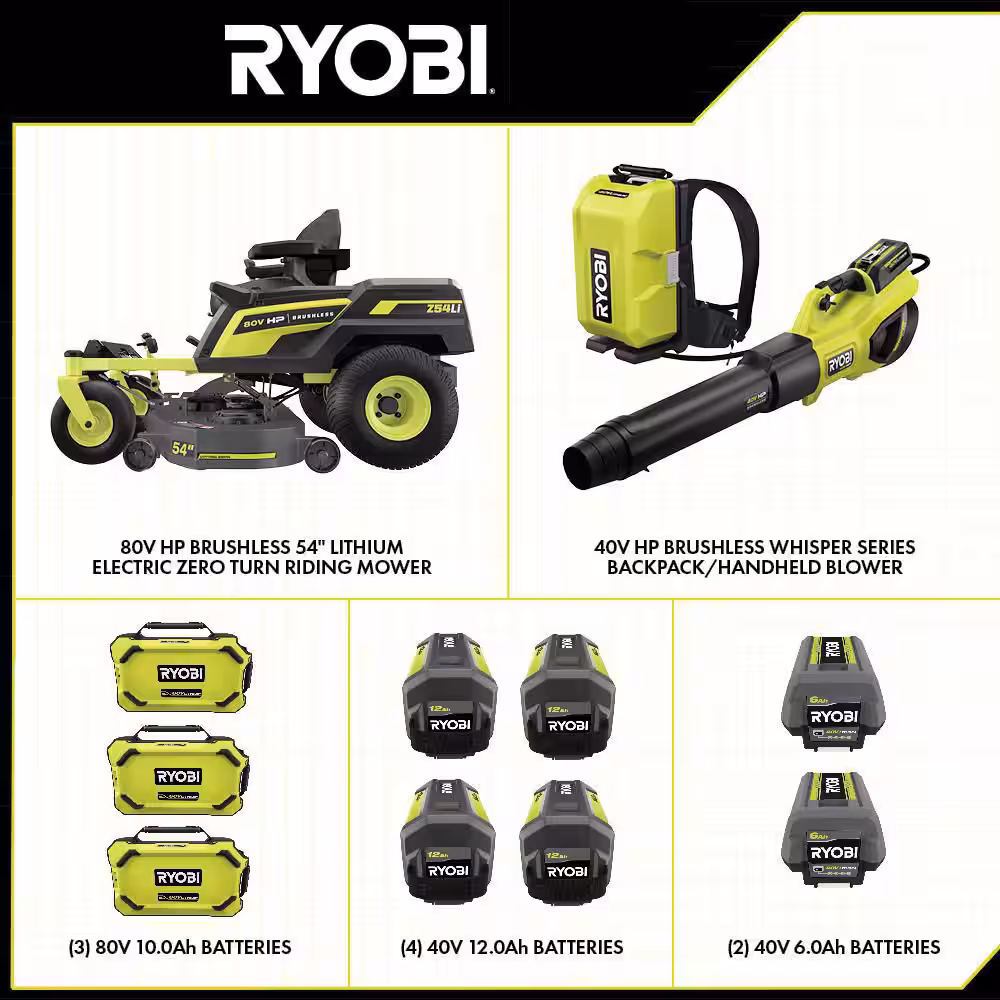 54 in. 80-Volt HP Brushless Battery Electric Cordless Zero Turn Mower, Blower, Backpack Battery - Batteries and Chargers