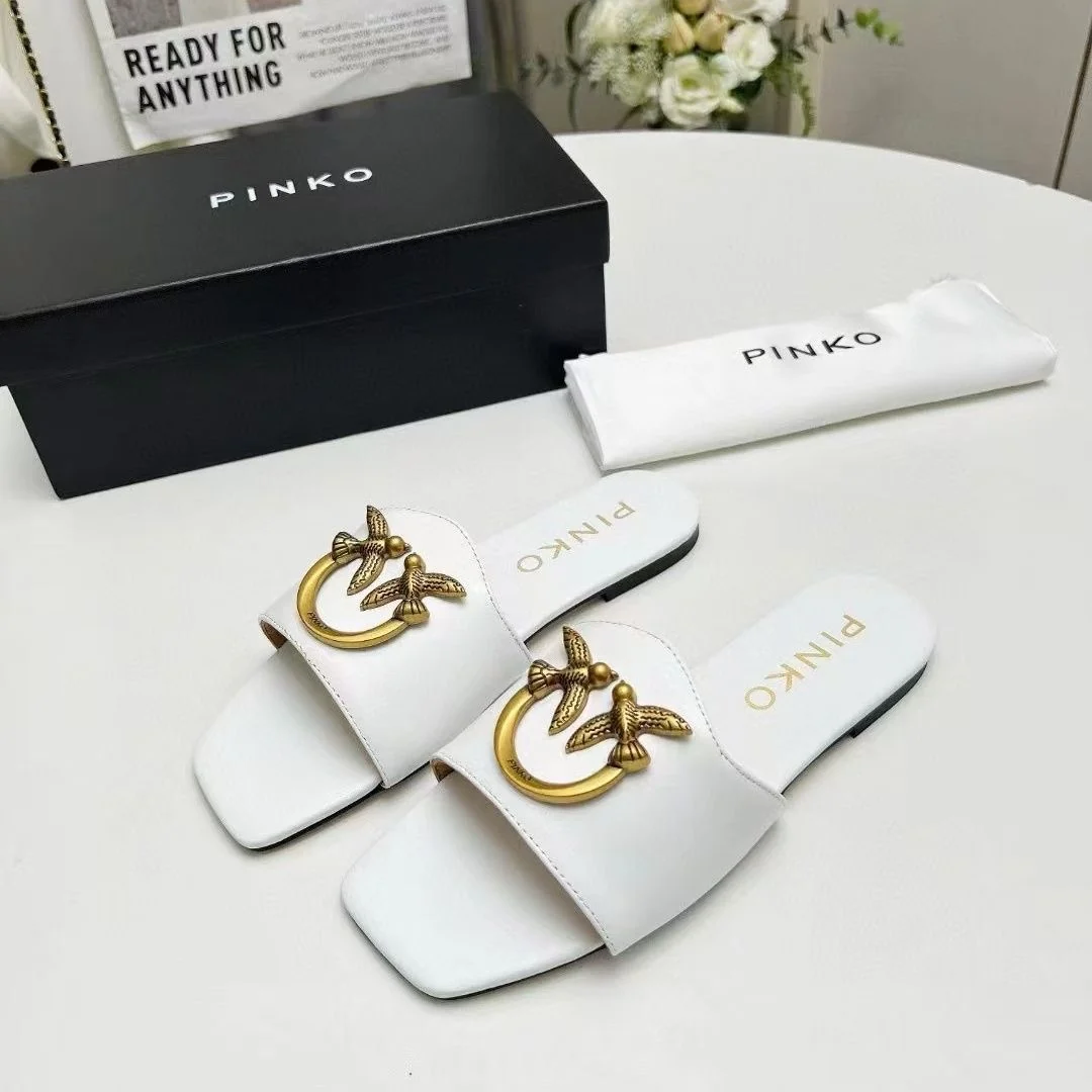 AAASandals Women Square Toe Leather Slide Sandals, Vintage Antique‑Gold Bird Metal Ornament Slip‑On Flat Summer Slippers