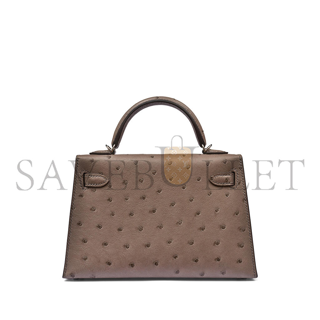 HERMÈS GRIS TOURTERELLE OSTRICH MINI KELLY II  PALLADIUM HARDWARE (19*12*5.5cm)