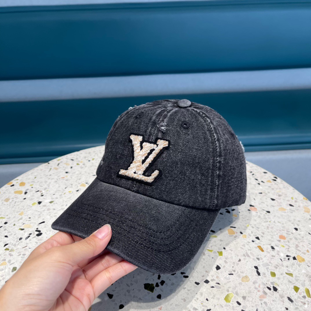 TOP Louis Vuitton LV Denim Washed Embroidery Hat - Black