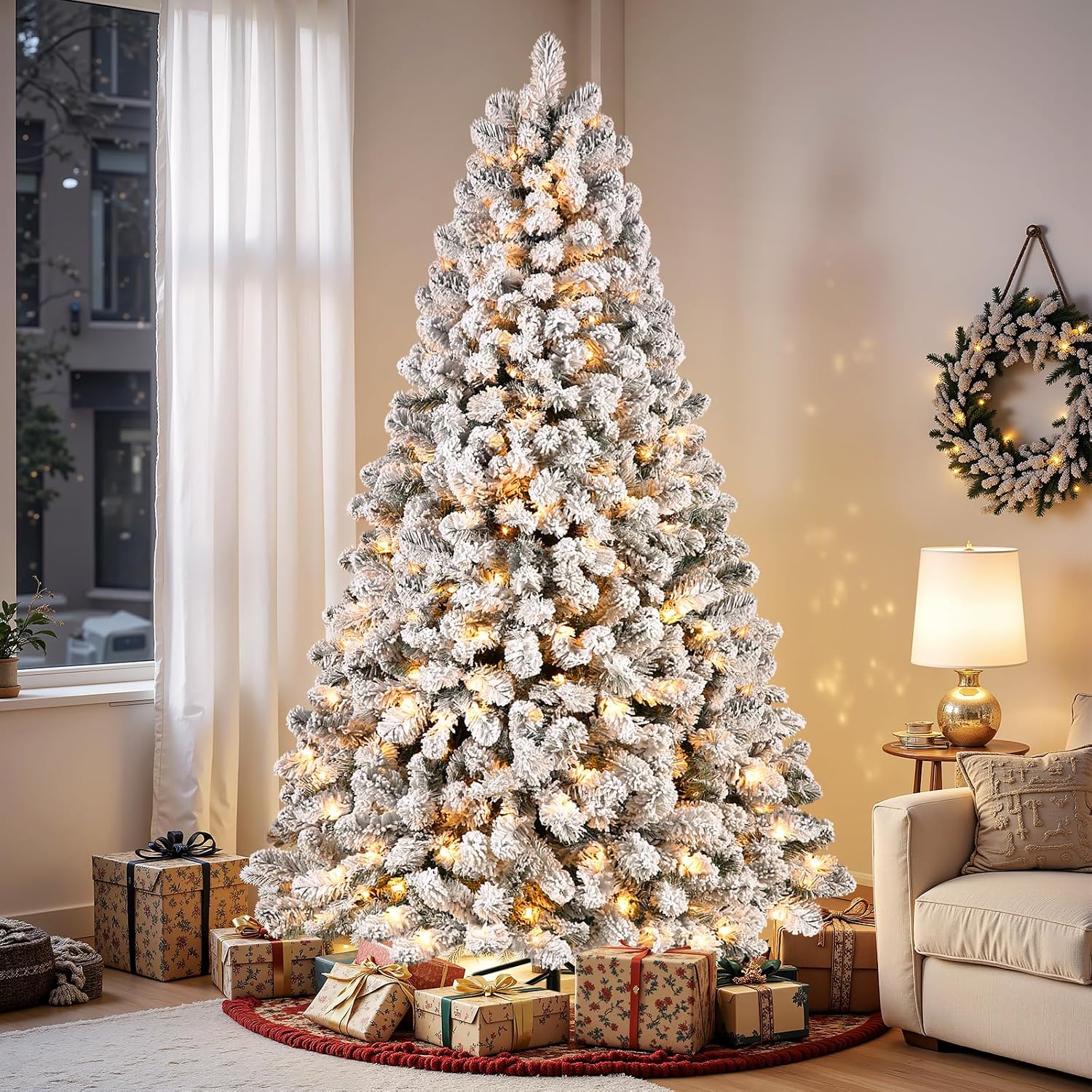 SHareconn 9ft Snow Flocked Spruce Pre-lit Artificial Christmas Tree, White
