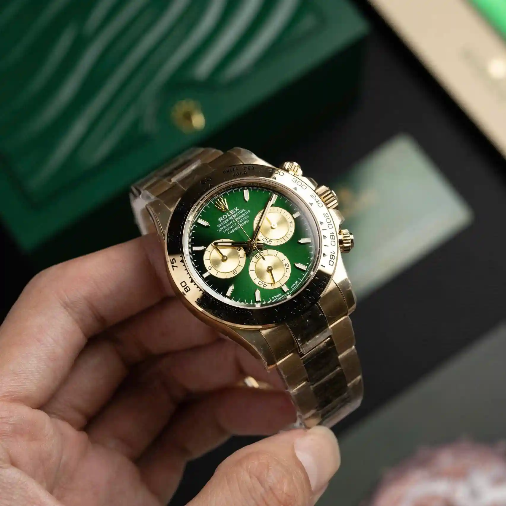 AAAWatch Rolex Cosmograph Daytona Men’s Chronograph Watch, Green Dial, Solid Yellow Gold Case & Bracelet, Tachymeter Bezel Luxury Automatic Wristwatch