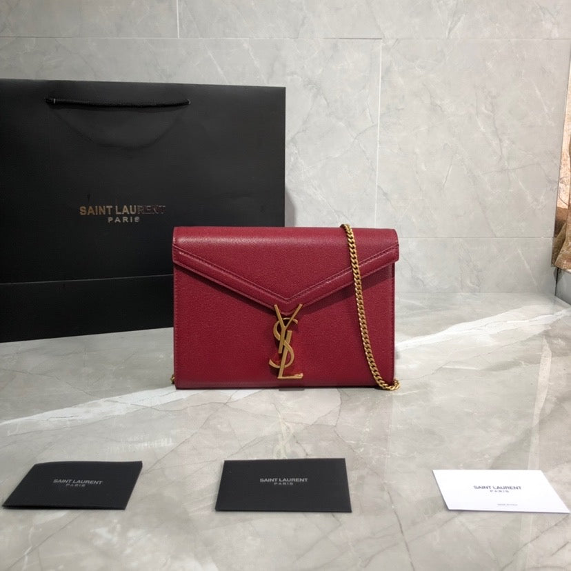 TOP Yves Saint Laurent YSL Cassandra Chain Wallet Grain Leather - Red