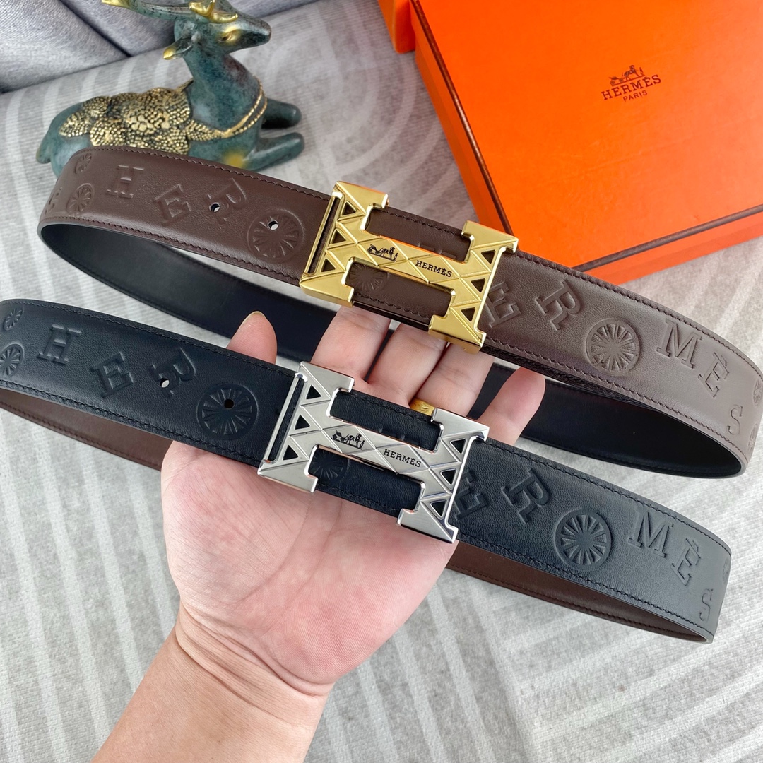 HERMES Men's Geometric H Buckle Embossed Letter Leather Belt, Luxury Business Casual Waist Belt