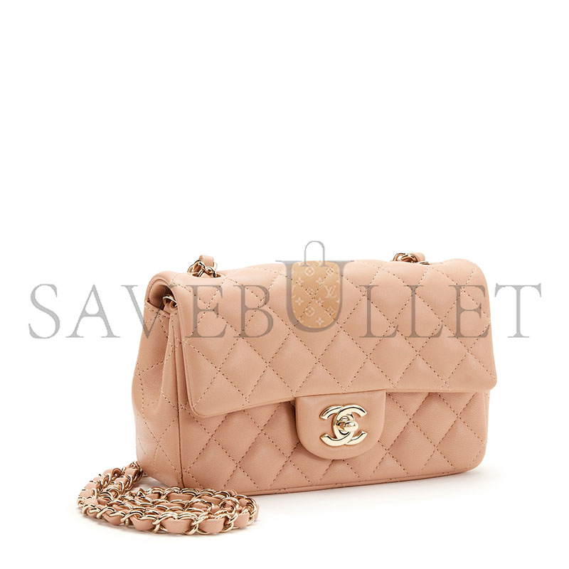 CHANEL LIGHT BEIGE QUILTED LAMBSKIN RECTANGULAR MINI CLASSIC FLAP GOLD HARDWAR AS1116 (20*12*6cm)