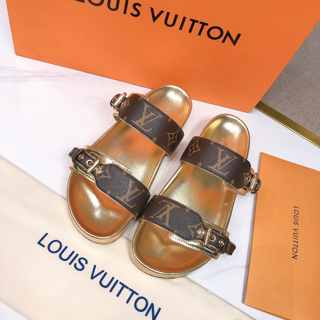 Louis Vuitton LV Bom Dia Leather Slide Sandals  (Replica)
