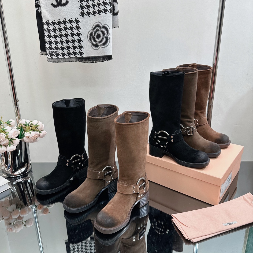 TOP Miu Miu Retro Western Catwalk Motorcycle High Boots - 3 Colors - Suede with 4 Buckles