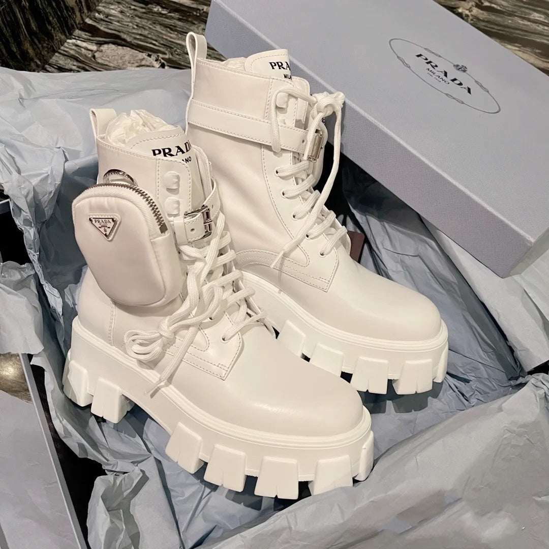 TOP PRADA Monolith Leather and Nylon Ankle Boots - White