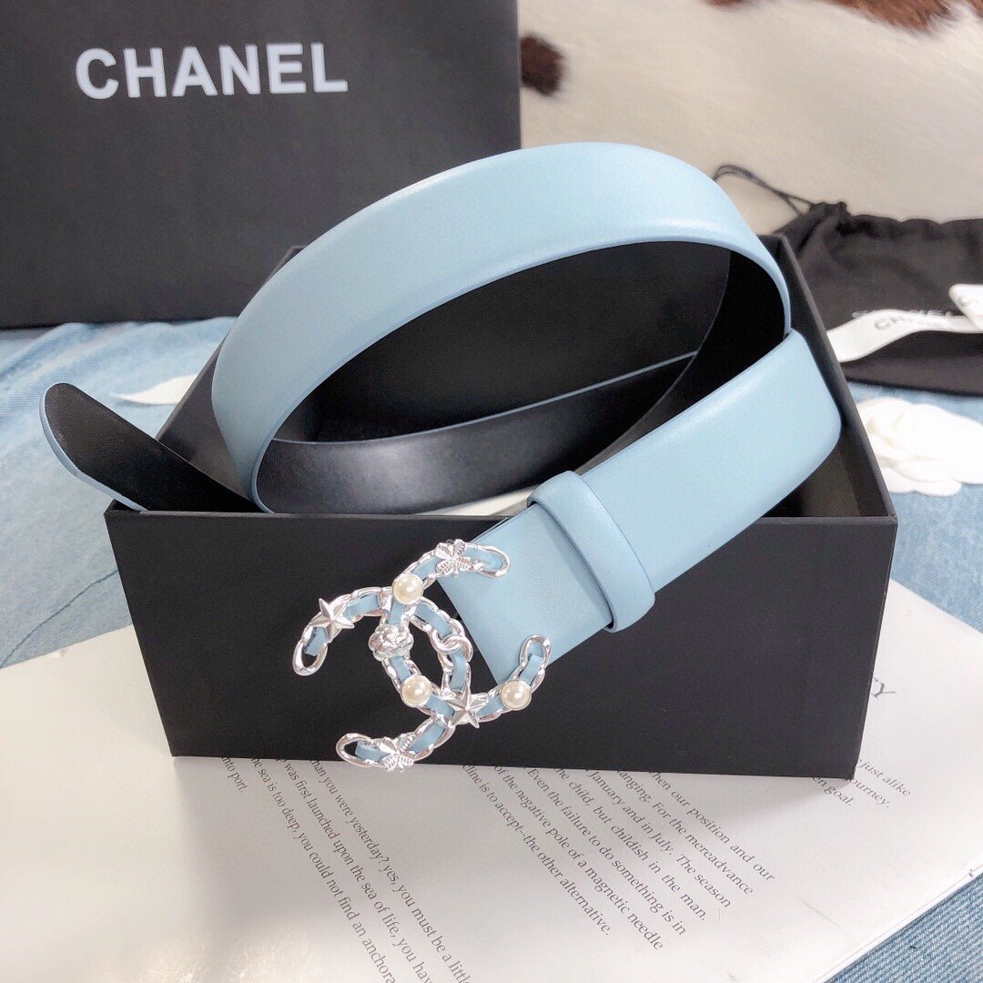 Chanel Belt With Double C Buckle Light Blue Silver Toned Hardware Women Belt 30MM