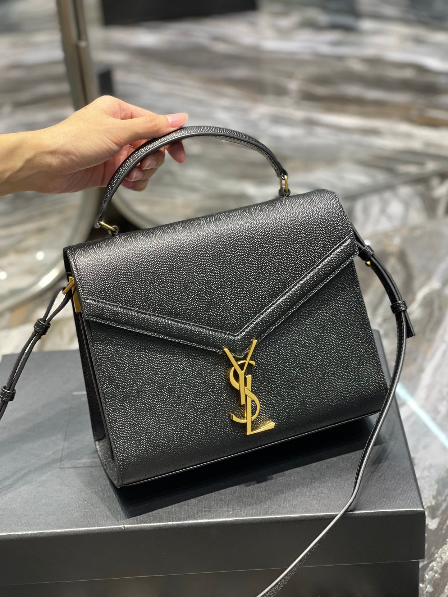 TOP Yves Saint Laurent YSL Cassandra Top Handle Bag - Black w GHW